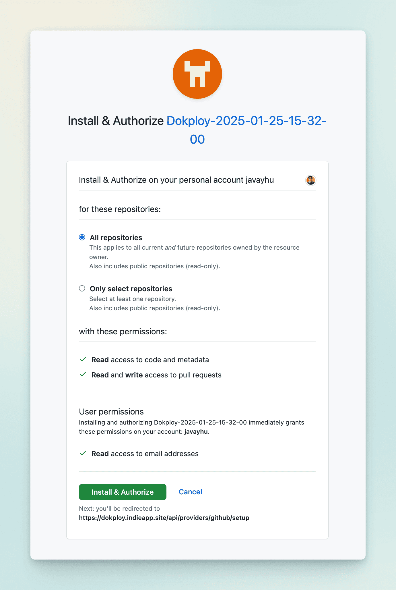 authorize the Github app