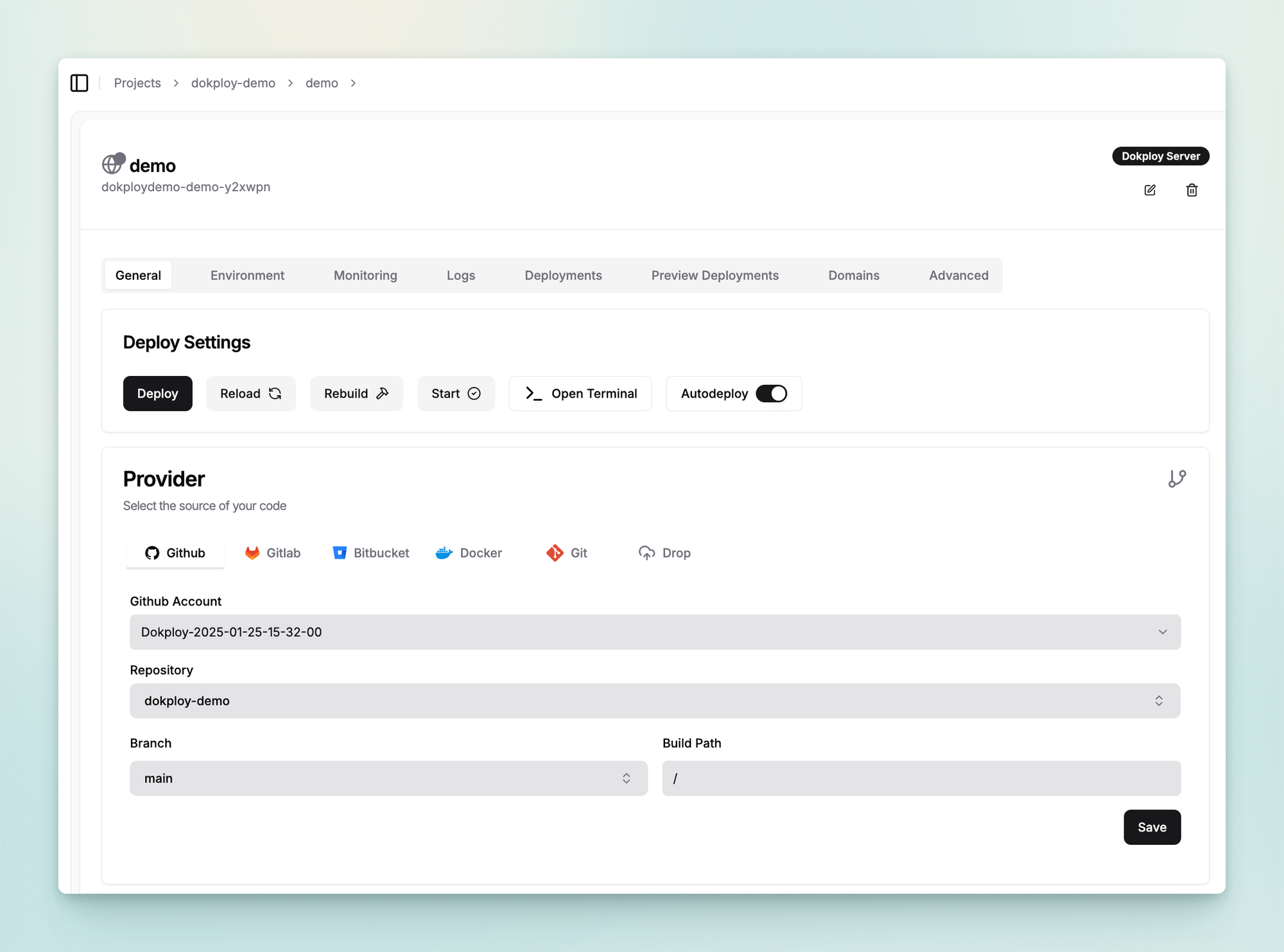 deploy settings for github repository